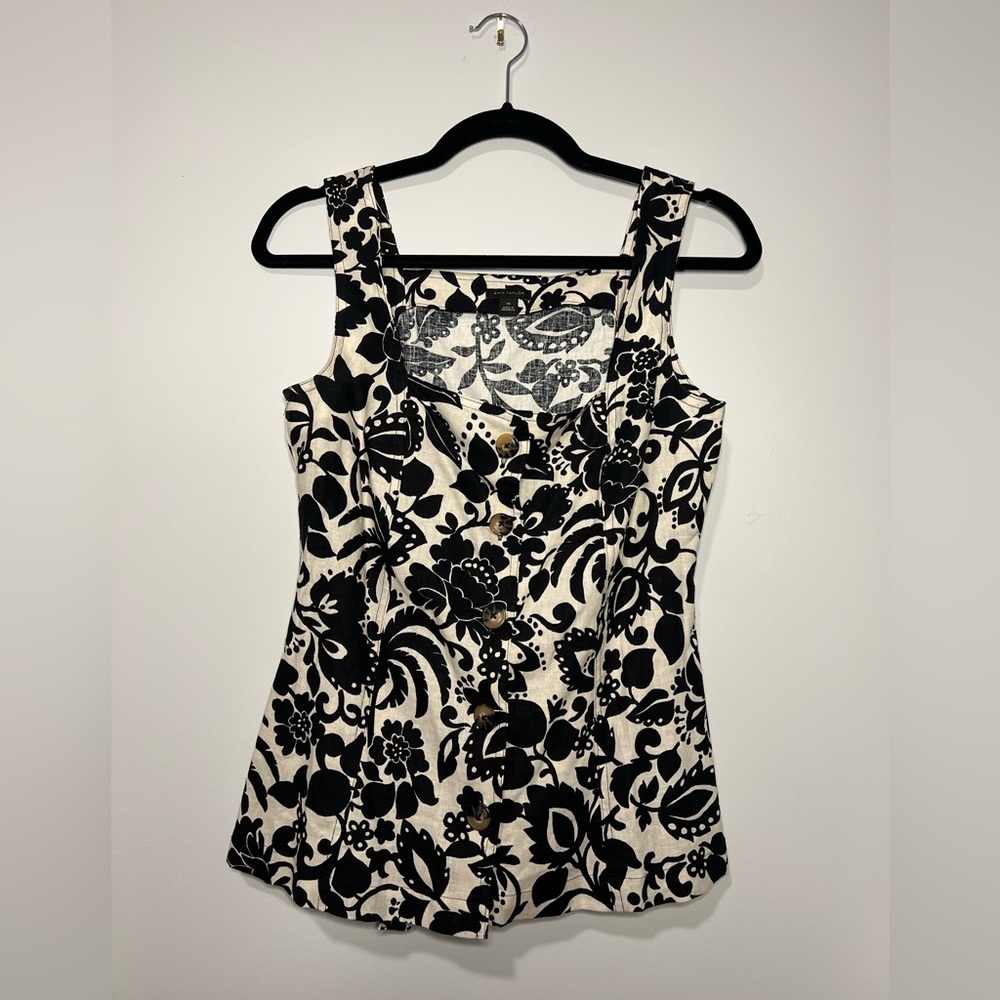 Ann Taylor Black and White Floral Linen Blouse